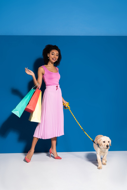 elegante sonriente mujer afroamericana con cachorro golden retriever con correa y bolsas de compras sobre fondo azul
 - Foto, Imagen