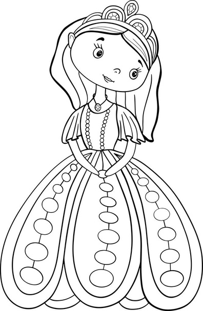 Prinzessin Mädchen Färbung Buchstrich Umriss isolieren Seite Bild Illustration Vektor Märchen mit Krone - Vektor, Bild