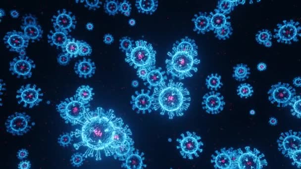 Ιοί, κύτταρα ιών κάτω από μικροσκόπιο, επιπλέουν σε υγρό και λάμψη. Παθογόνα ξεσπάσματα βακτηρίου και ιού, ασθένειες που προκαλούν μικροοργανισμούς. Ιός του κερατοειδούς. 3D looped animation - Πλάνα, βίντεο