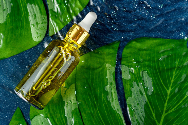 lasipullo pipetillä ja kosmeettisella keltaisella seerumilla vihreillä lehdillä ja vedellä
 - Valokuva, kuva