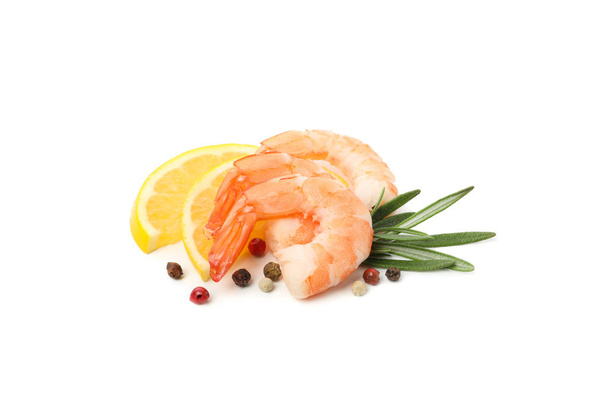 Shrimps with rosemary, pepper and lemon isolated on white backgr - Photo, Image
