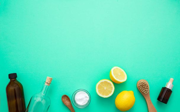 Cleaning eco products background, soda, lemon, vinegar - Photo, Image