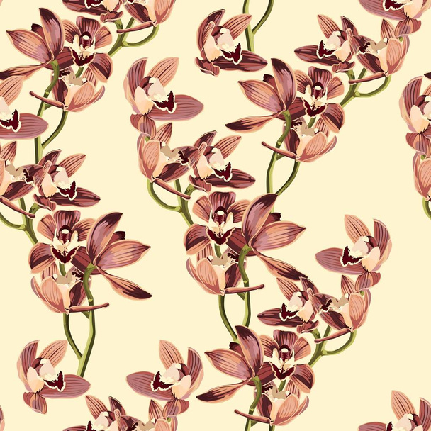 Tropical vintage beige marrón orquídea patrón inconsútil flor, fondo amarillo. Fondo de pantalla de selva exótica. Uso para textiles, vestido, papel pintado, diseño del hogar
. - Vector, imagen