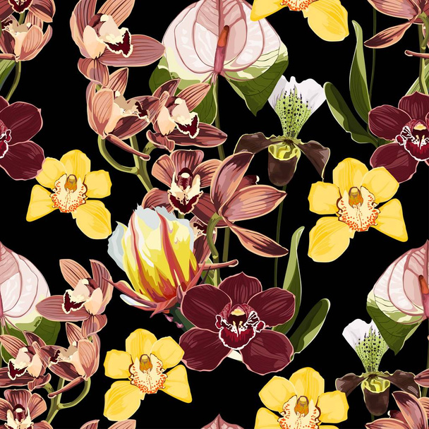 Watercolor style yellow, brown, bordo orchid flowers seamless pattern. Decorative background in rustic boho style for wedding invite, fabric. - Vector, Image