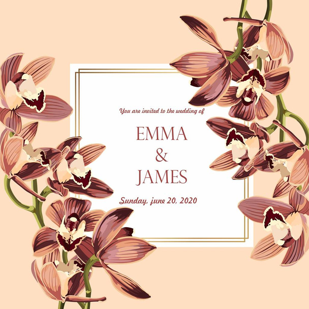 Botanical wedding invest card template design, μπεζ ορχιδέα λουλούδια υποκατάστημα, vintage στυλ. - Διάνυσμα, εικόνα