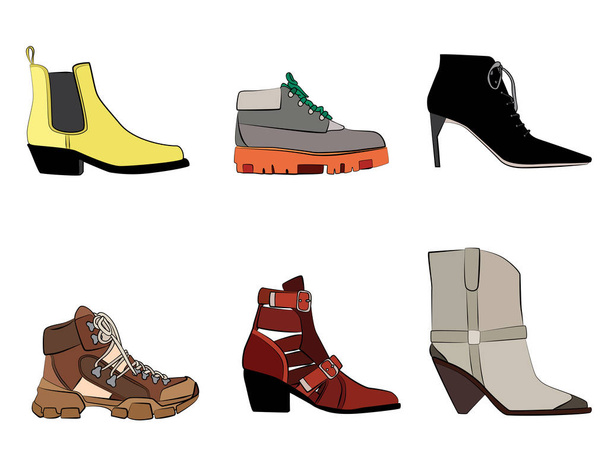 Women boots Fashion illustration vector set  objects isolated on white background. Women cloth - spring, winter , autumn shoes - Vecteur, image