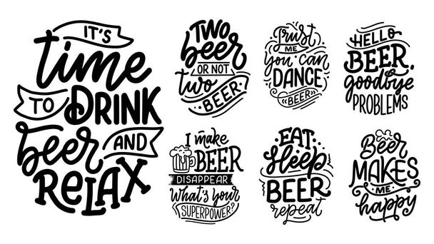 Set with lettering quotes about beer in vintage style. Calligraphic posters for t shirt print. Hand Drawn slogans for pub or bar menu design. Vector - Vetor, Imagem