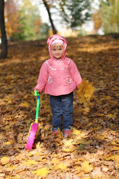 Little girl playing in autumn park - Fotó, kép