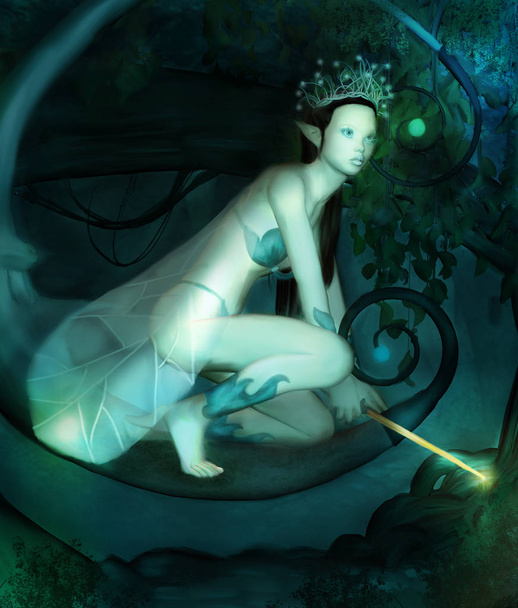 Reine fantastique des fées sur un tronc avec une baguette magique ses mains - Photo, image