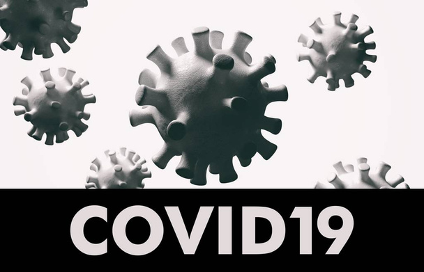 COVID19インフルエンザのコロナウイルスの浮動、マイクロビュー、パンデミックウイルス感染、中国のインフルエンザの概念。3Dイラスト - 写真・画像