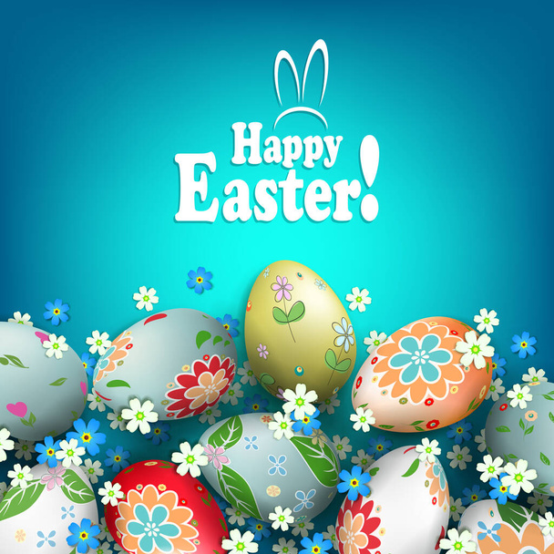 Easter blue composition with eggs with a beautiful different pattern and flowers - Vetor, Imagem