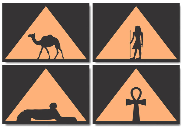 Starověké egyptské symboly. Velbloud, Sfinga, Anubis a znamení života uvnitř pyramidy. Vektorová ilustrace - Vektor, obrázek