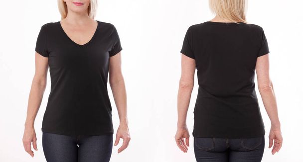 T-shirt design and people concept - close up of woman in blank black t-shirt, shirt front and rear isolated. Mock up. - Φωτογραφία, εικόνα