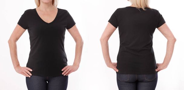 Koncepcja T-shirt i ludzi - zbliżenie kobiety w białej czarnej koszulce, koszuli z przodu i z tyłu izolowane. Makieta. - Zdjęcie, obraz
