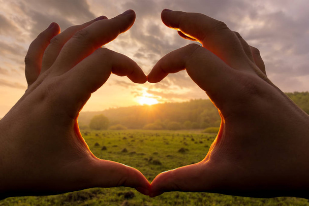 Χέρια στο σχήμα της καρδιάς κατά το ηλιοβασίλεμα πάνω από το πεδίο με πράσινο γρασίδι το καλοκαίρι με ένα θολό φόντο του ουρανού. Τοπίο. - Φωτογραφία, εικόνα
