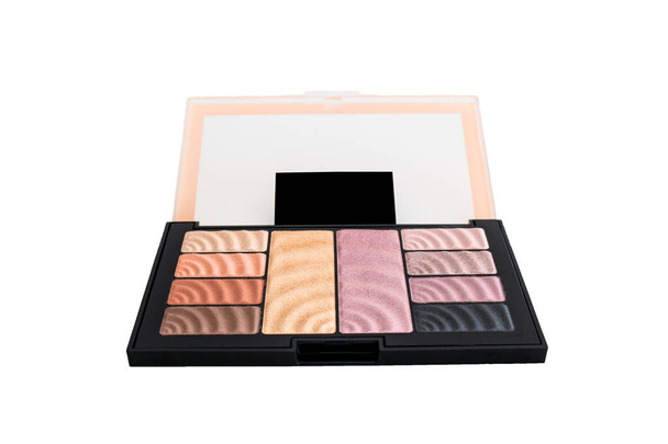 Cosmetic makeup powder set various shades, colors and a brush is - Fotoğraf, Görsel