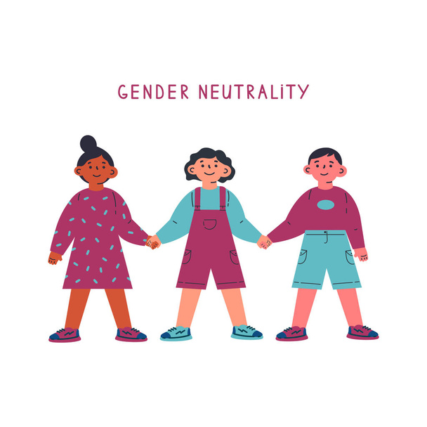 Гендерний нейтральний дитячий одяг. Діти стоять разом і тримаються за руки. Гендерний нейтралітет. Блю, рожевий. Розбийте бінарну концепцію. Персонаж мультфільму на білому тлі. Барвисті векторні ілюстрації
 - Вектор, зображення