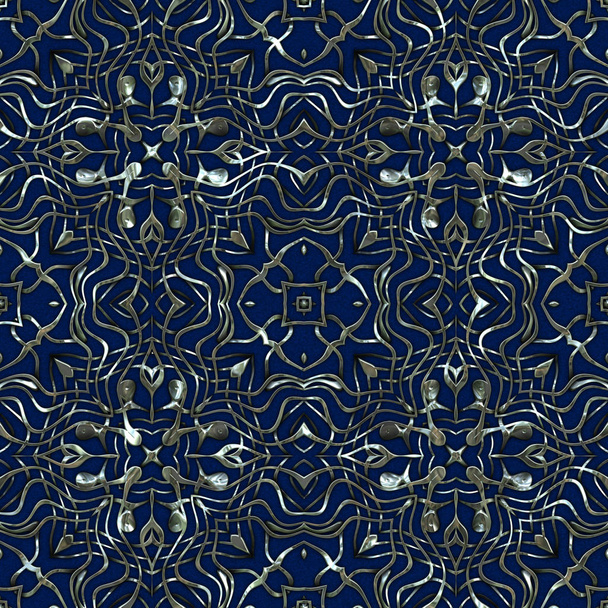 Luxury regal seamless pattern with silver mesh ornament in style of fashion on colorful fabric background. Design for wallpapers and textile print. Luxurious glossy metalwork fantasy texture - Photo, Image