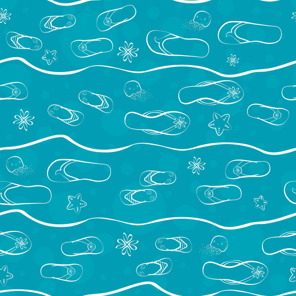 Flip flop παπούτσι απρόσκοπτη διάνυσμα μοτίβο. Χειροποίητο περίγραμμα στυλ με κύματα, μέδουσες, αστερίες και διάφανο φόντο φυσαλίδων σε λευκό και μπλε. Οικογενειακές καλοκαιρινές διακοπές έννοια. - Διάνυσμα, εικόνα
