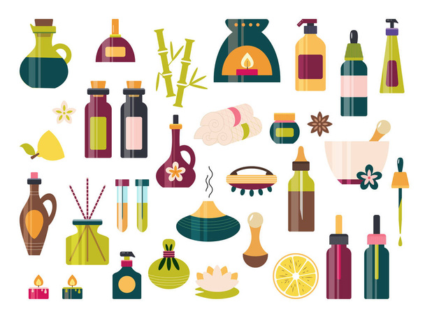 Aromatherapy icon set with essential oil spa - Vector, Image