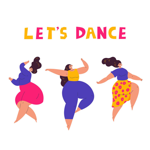 Skupina šťastný plus velikost ženy tančí společně.Umožňuje taneční písmenka.Body love životní styl.Body pozitivní koncepce.Flat znak na bílém pozadí.Barevné vektorové ilustrace - Vektor, obrázek