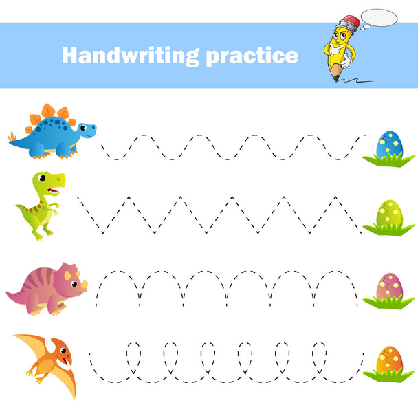 Worksheet for practicing fine kids motor skills. Handwriting practice. Educational game for kids. Dinosaurs - Вектор,изображение