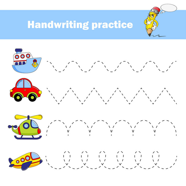 Worksheet for practicing fine kids motor skills. Handwriting practice. Educational game for kids. Transport. Car, helicopter, plane, ship - Vektor, kép