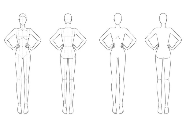 Fashion template 9 head for technical drawing with and without main lines.  - Vector, Image