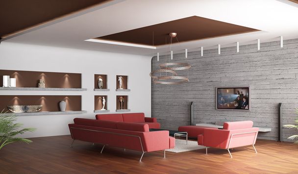 3D візуалізація. Інтер'єр просторої вітальні кімнати з трьома червоними
 - Фото, зображення