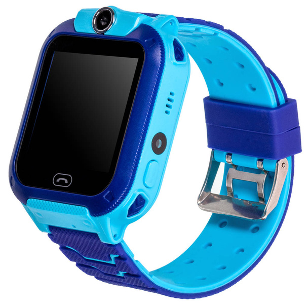 Inteligentny zegarek dla dzieci z płaskim, czarnym ekranem do napisów, przyciskiem wywołania, kamerą wideo z niebieskim paskiem silikonowym - Zdjęcie, obraz