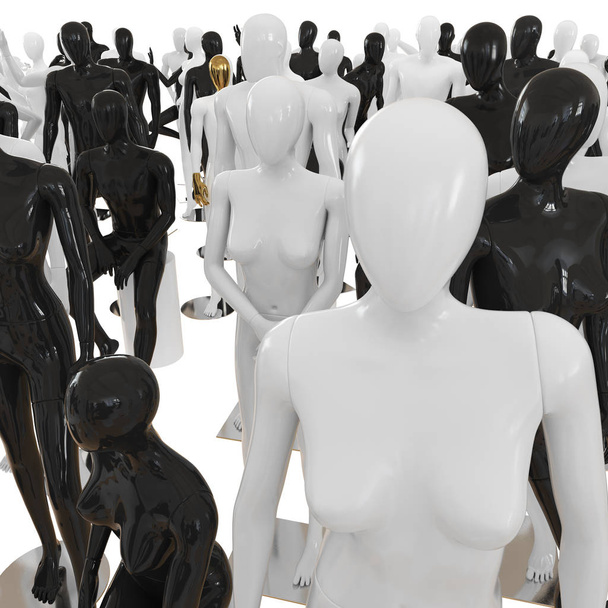 Žena postava na pozadí různých figurín. 3D vykreslování - Fotografie, Obrázek