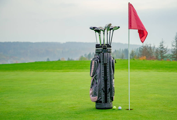 Tasche mit Golfausrüstung auf grünem Rasen - Foto, Bild