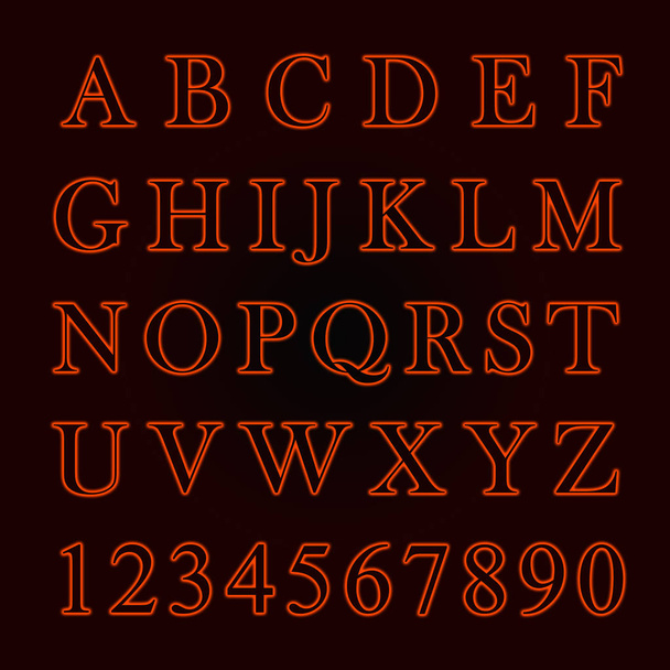 Alfabeto fluorescente al neon con lettere da A a Z e numeri da 1 a 0. Colore di tendenza - lava lussureggiante
 - Foto, immagini