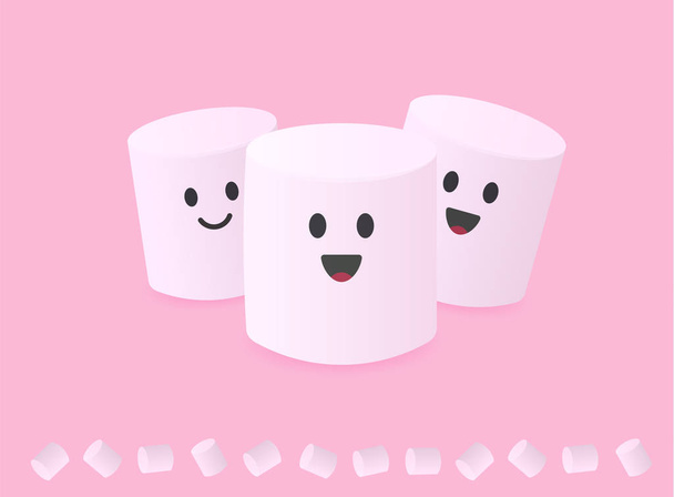 Roztomilé abstraktní jednoduché znaky skupina marshmallows s úsměvem tvář pro balení logo občerstvení a sladkostí na růžovém pozadí, izolované logo vektorové ilustrace - Vektor, obrázek