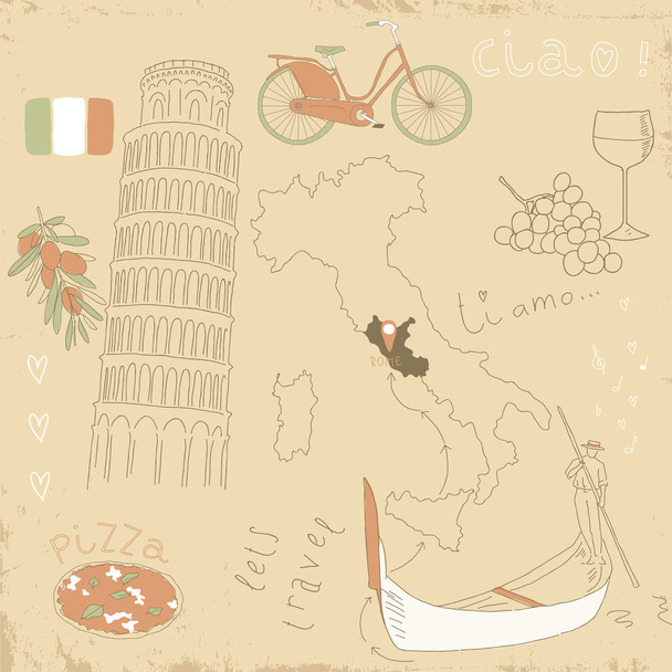 Sada symbolů Itálie na vinobraní staré papíry. - Vektor, obrázek