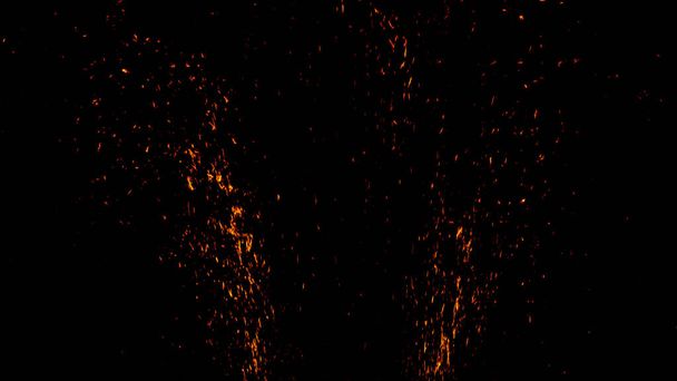 Fire embers particles texture overlays. Explosion burn powder spray burst on isolated black background. Stock illustraion. - Foto, Imagen