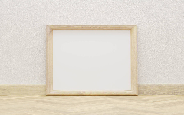 wooden picture frame to add your content on a white wall background 3d illustration render with wooden floor - Foto, afbeelding