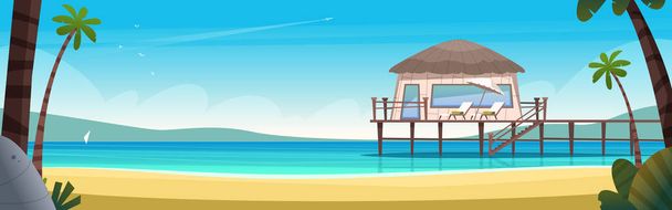 青く澄んだ穏やかな海の上にあるホテルバンガロー。夏休みのコンセプト。桟橋付きの人里離れた海のビーチにある民家 - ベクター画像