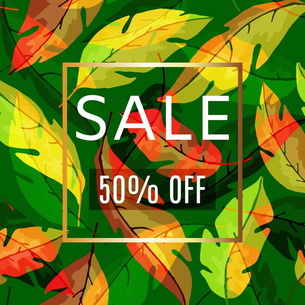 フレームベクトルイラストのお店のためのタイポグラフィの販売と秋の紅葉. - ベクター画像