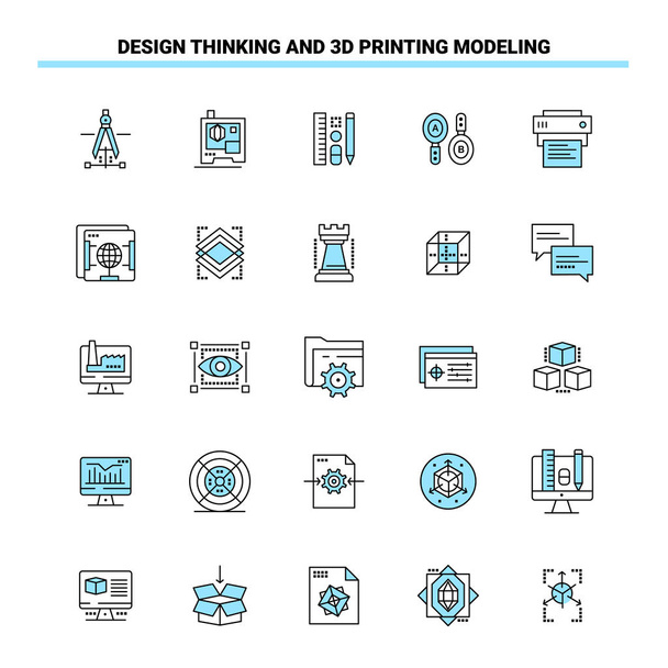25 Design Thinking e impressão 3d modelagem ícone preto e azul
  - Vetor, Imagem