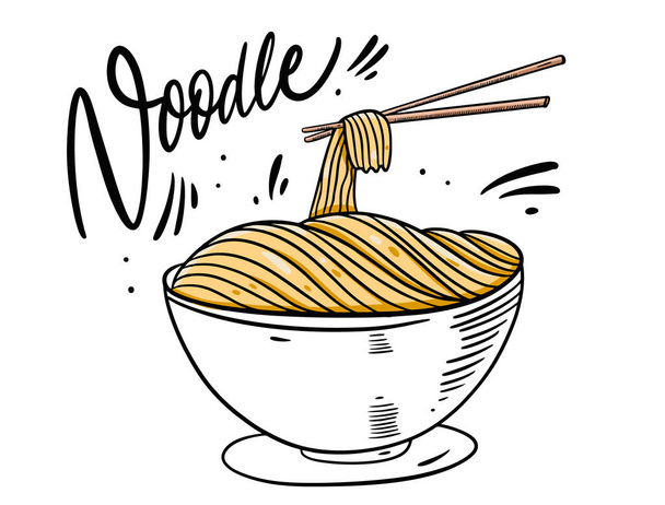 Asia Noodle in deep bowl. Hand drawn vector illustration. Isolated on white background. Cartoon style. - Vector, Image