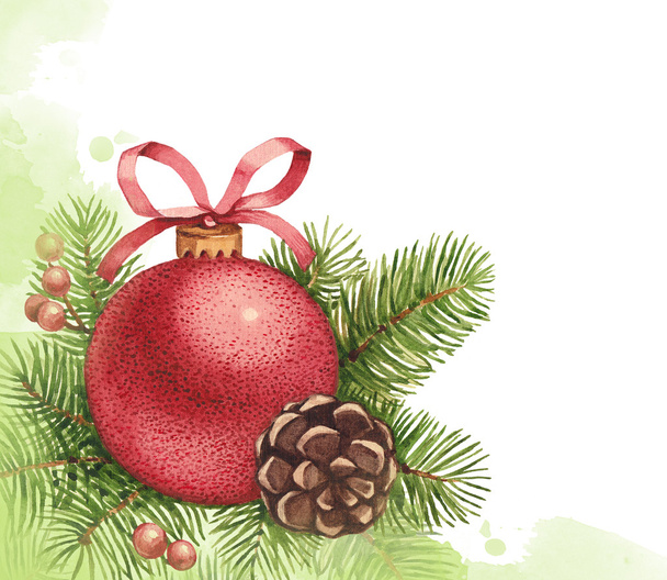 Watercolor Christmas ball and pine with decorations - Fotó, kép