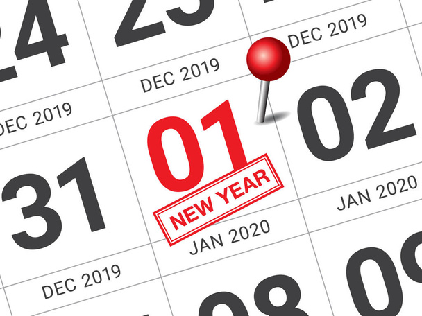 Κλείσιμο της πρώτης ημέρας του έτους 2020 στο ημερολόγιο ημερολογίου. - Διάνυσμα, εικόνα