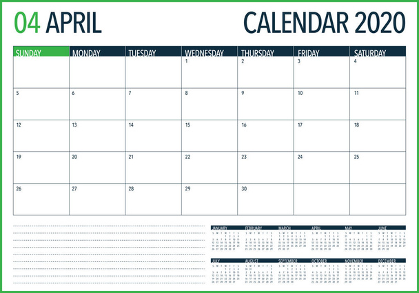 Векторная иллюстрация календаря апреля 2020
 - Вектор,изображение