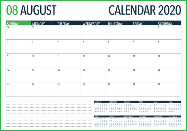 Agosto 2020 escritorio calendario vector ilustración
 - Vector, Imagen