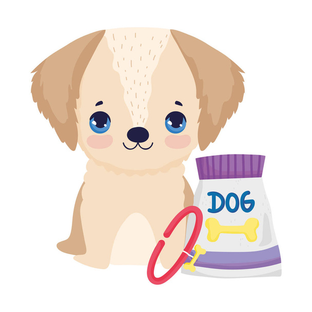 kleine hond zittend met halsband en voedselpakket huisdieren - Vector, afbeelding