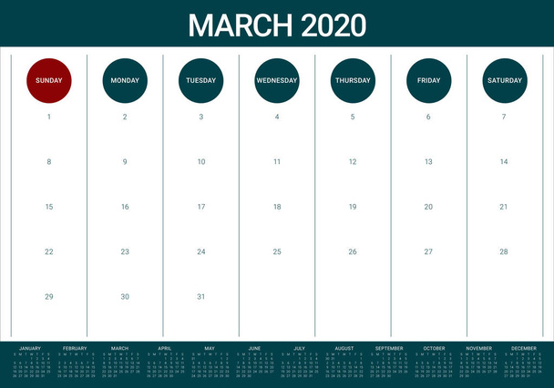 Calendrier de bureau mars 2020 illustration vectorielle
 - Vecteur, image