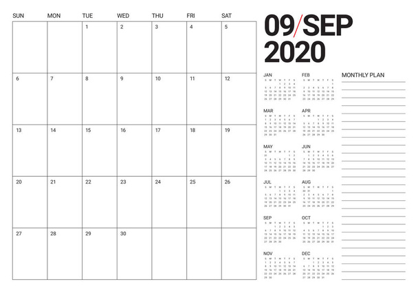 Вересень 2020 Таблиця календаря Векторні ілюстрації
 - Вектор, зображення