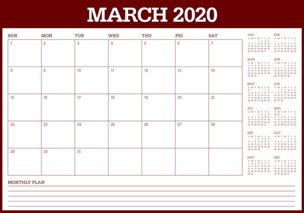 Március 2020 asztali naptár vektoros illusztráció - Vektor, kép