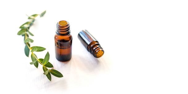 Dark glass bottles with essential oil. - Photo, image